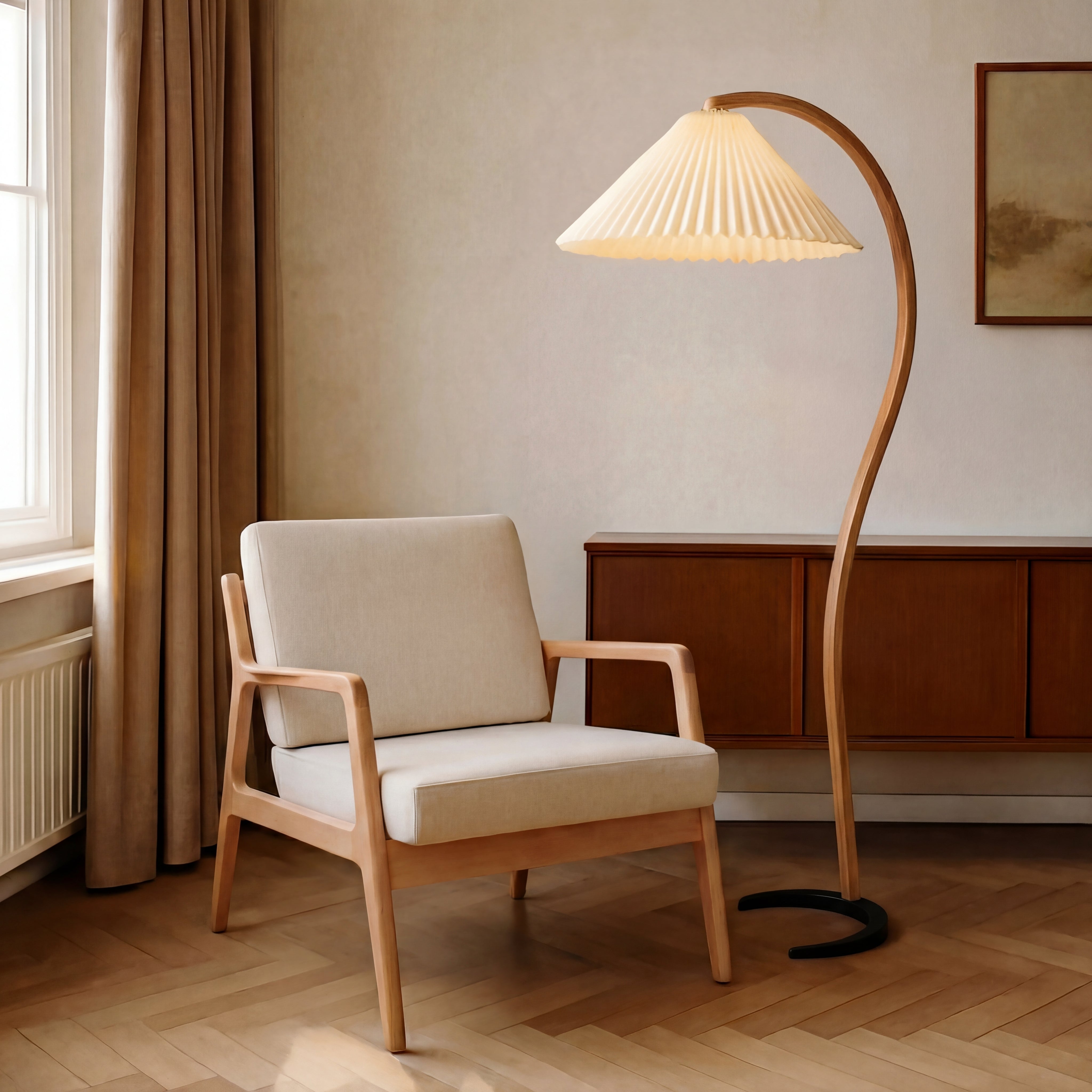 Elegant Arc Floor Lamp | Modern Beech Wood Design for Living Room 0