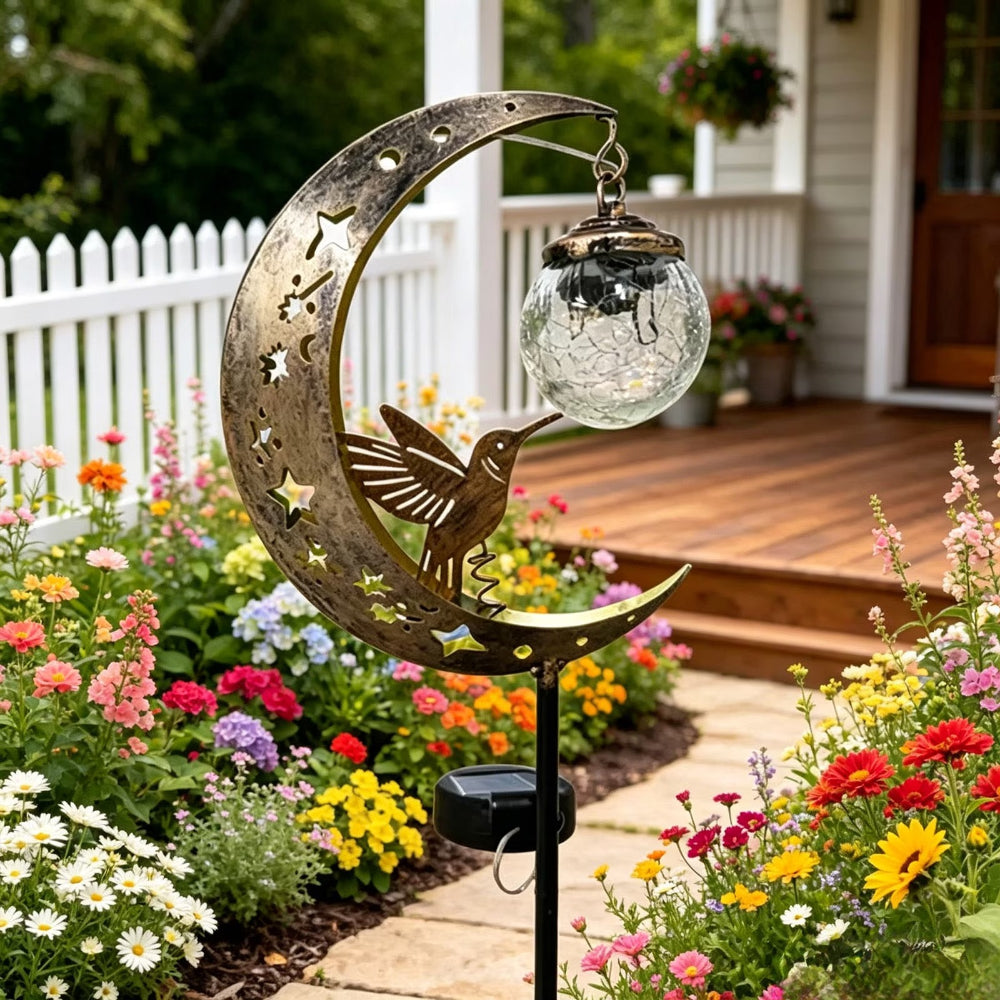 Solar Garden Stake Light Hummingbird Moon Design