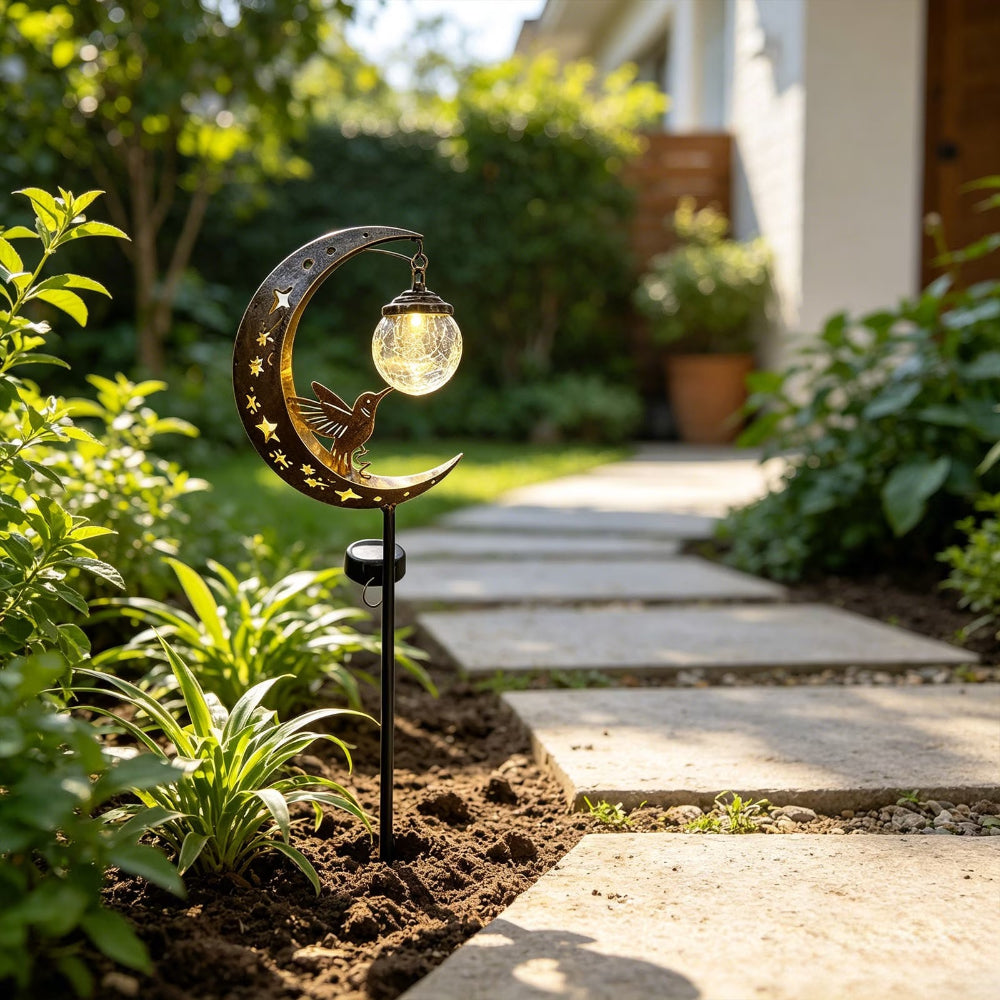 Solar Garden Stake Light Hummingbird Moon Design
