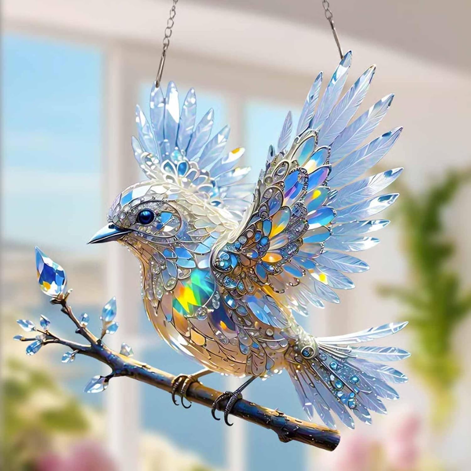 Stained Glass Bluebird Hanging Decor Home Garden