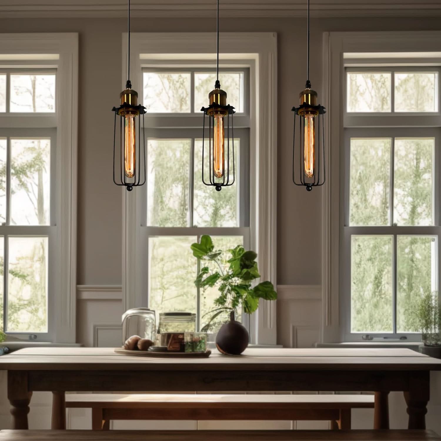 Vintage Industrial Pendant Light | Black Metal Cage Design & Cozy Kitchen Pendant Lighting 2