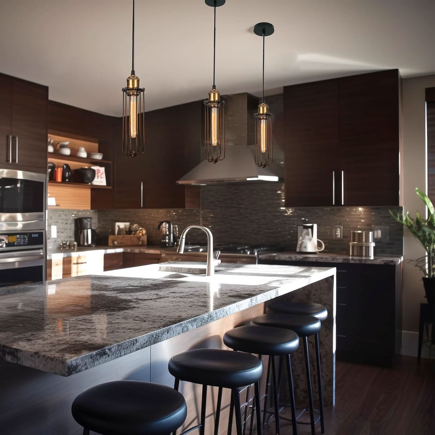 Vintage Industrial Pendant Light | Black Metal Cage Design & Cozy Kitchen Pendant Lighting 5