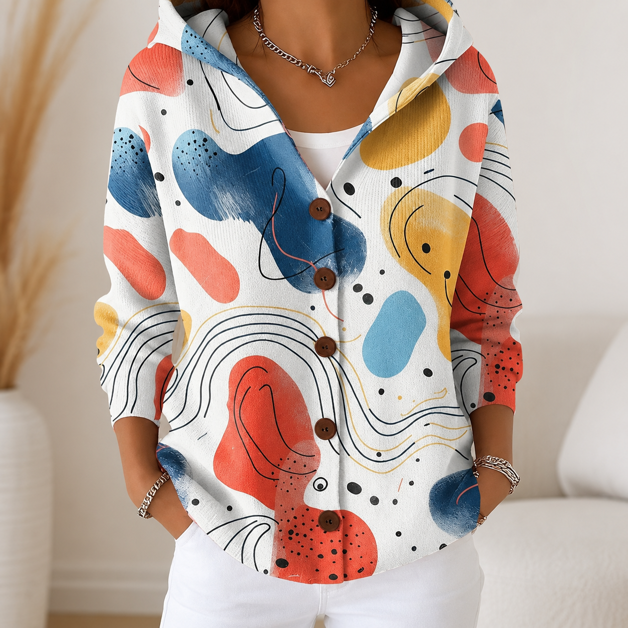 Women's Floral Patterned Hooded Sweater Button Front | Casual Wear