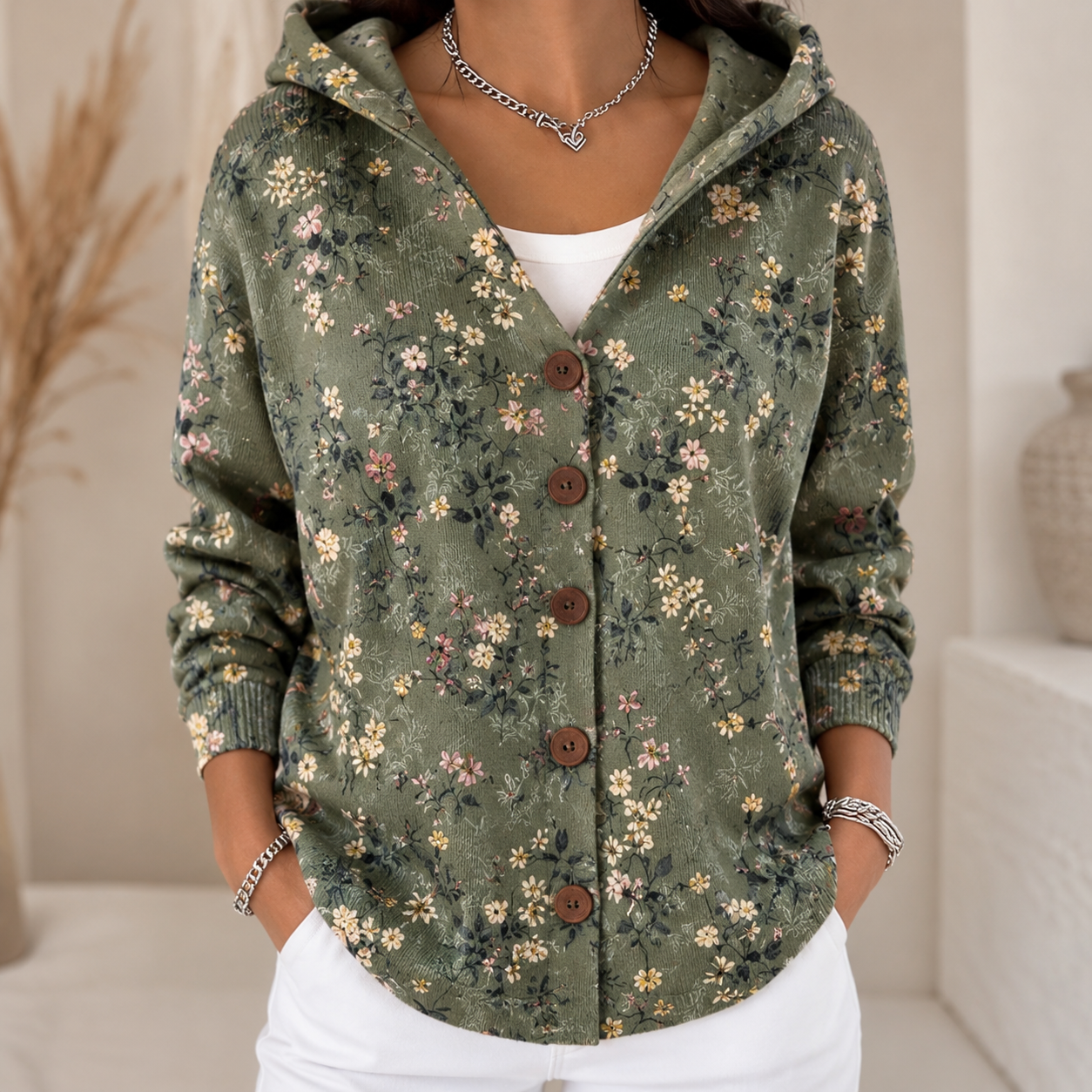 Women's Floral Patterned Hooded Sweater Button Front | Casual Wear