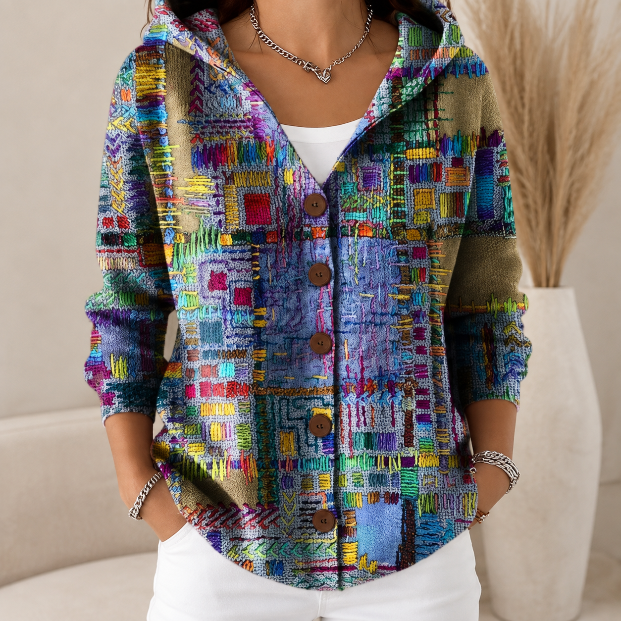 Women's Floral Patterned Hooded Sweater Button Front | Casual Wear