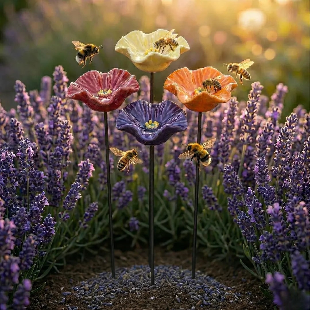 Bee Watering Flowers Handmade Weatherproof Ceramic Garden Decor - Image 1