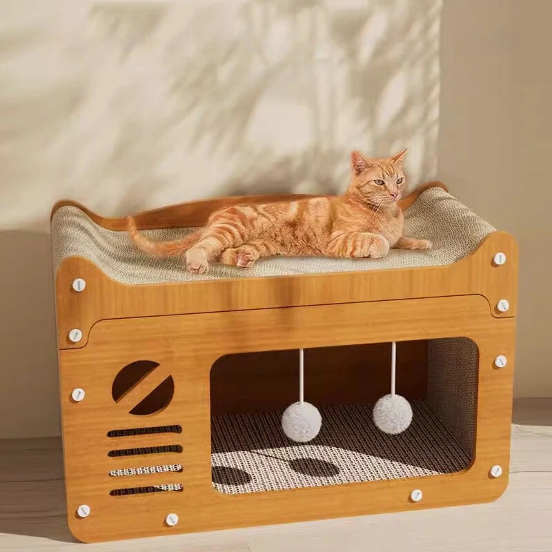 Cat Scratching Post Cozy Bed and Play Area Modern Wood Design - Image 1