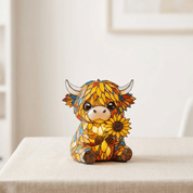 Colorful Cow Night Light Sunflower Stained Glass Design - Image 1