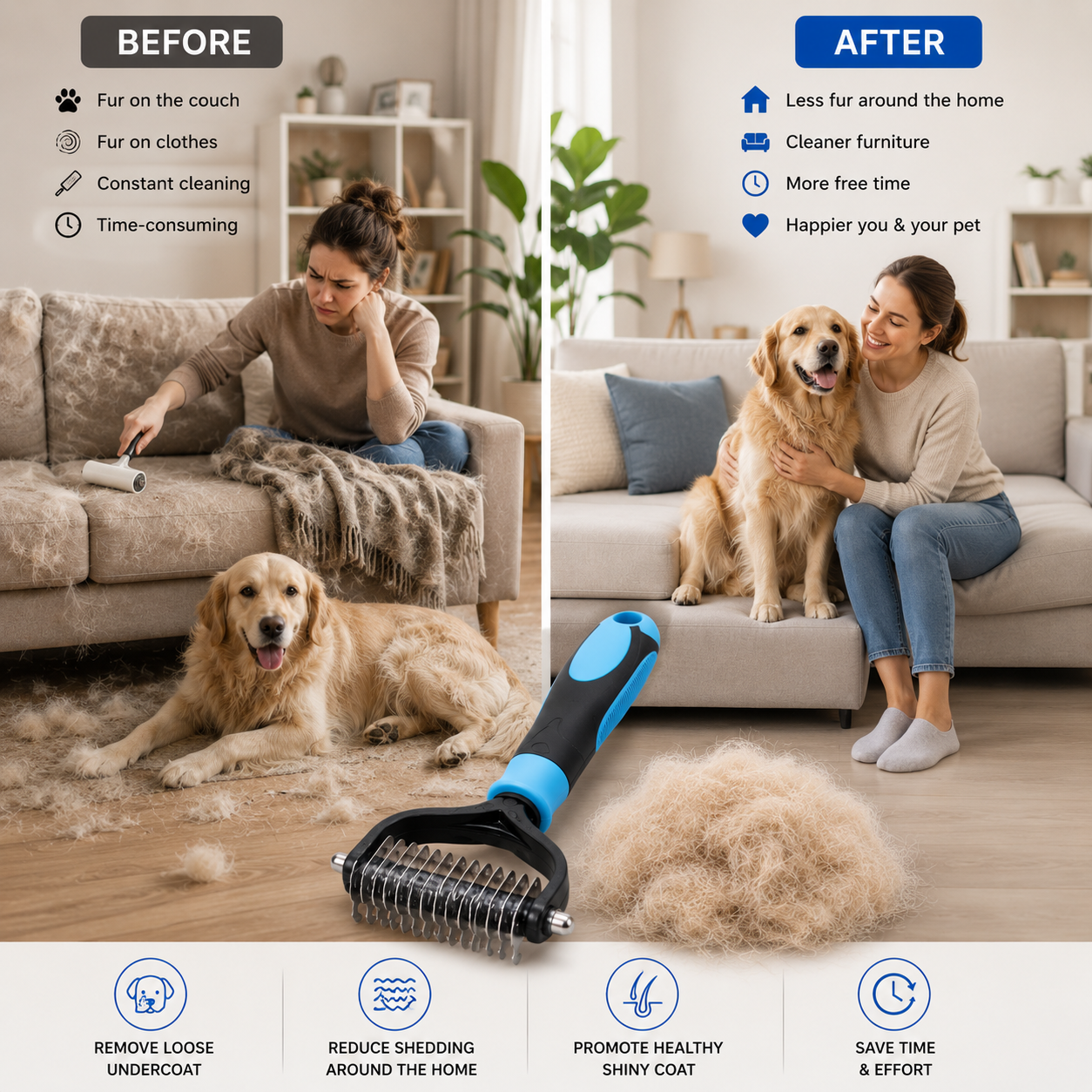 Deshedding Brush Dogs & Cats Dual-Sided Grooming Tool - Image 3
