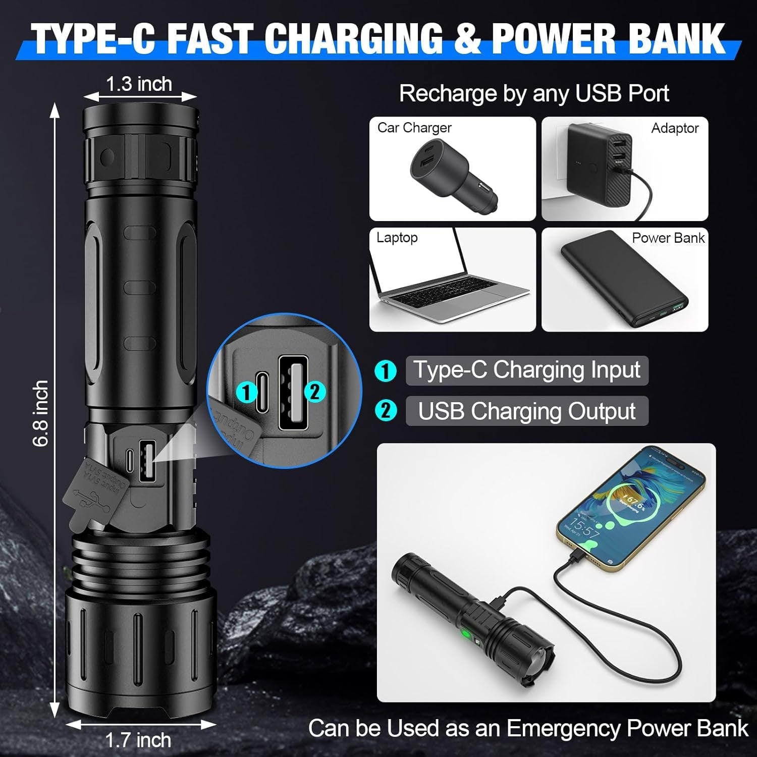 Extremely Bright LED Flashlight Long Beam and Rechargeable Battery - Image 6