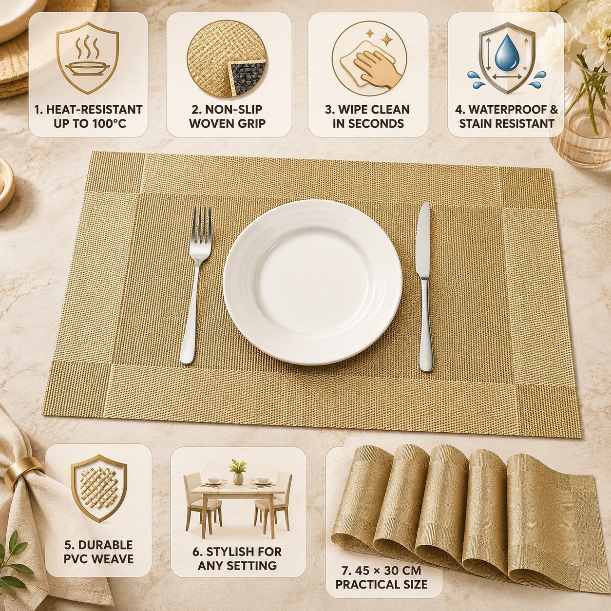 Heat-Resistant PVC Placemats Washable Non-Slip Table Mats Set - Image 5