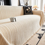 Herringbone Chenille Sofa Cover Tassels Cozy Living Room - Image 1