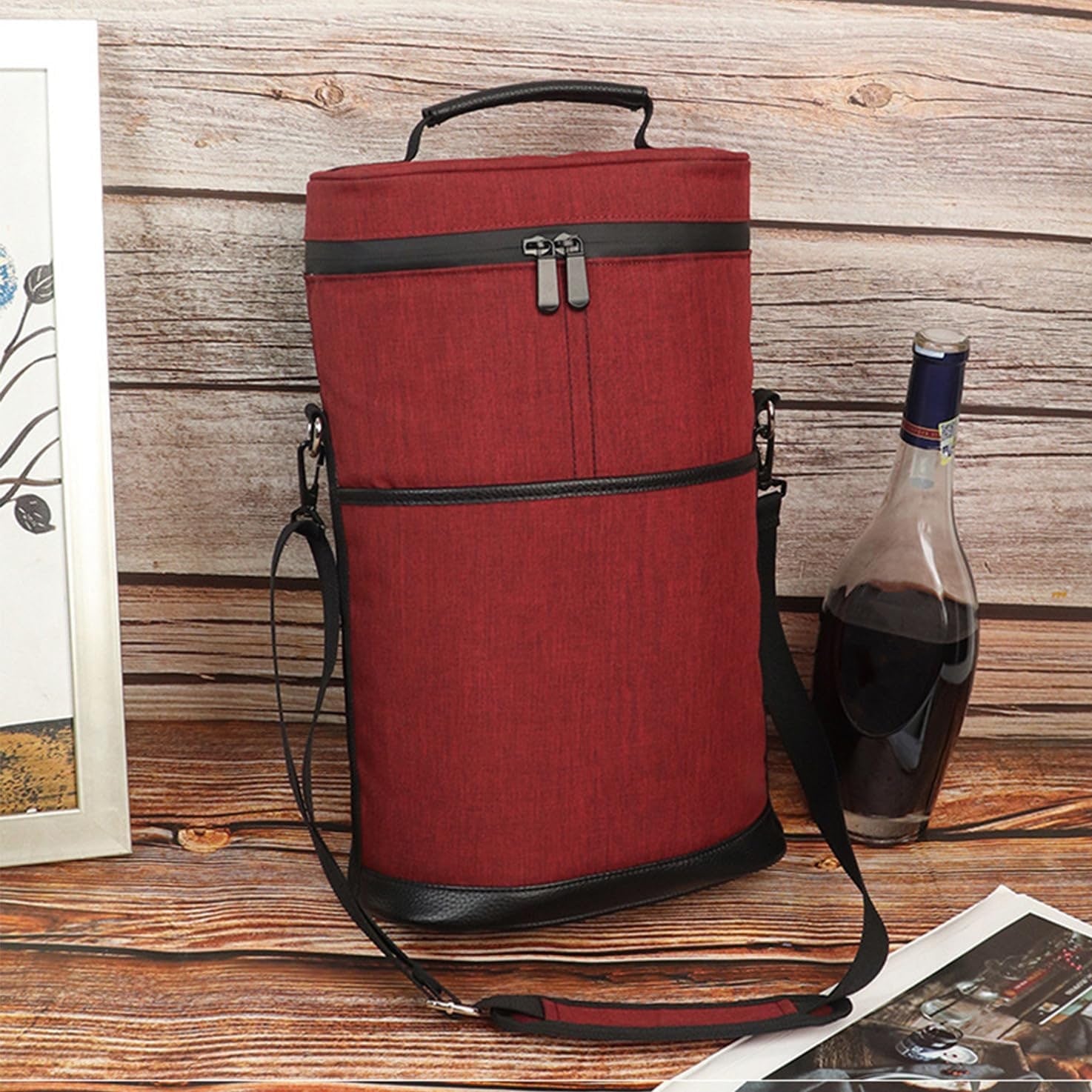 Insulated Wine Cooler Tote Bag Adjustable Strap 2 Bottles - Image 1