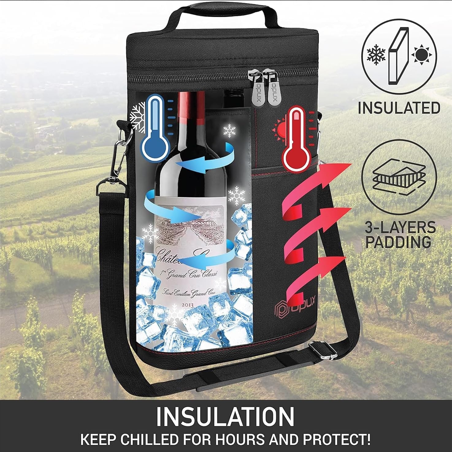 Insulated Wine Cooler Tote Bag Adjustable Strap 2 Bottles - Image 3