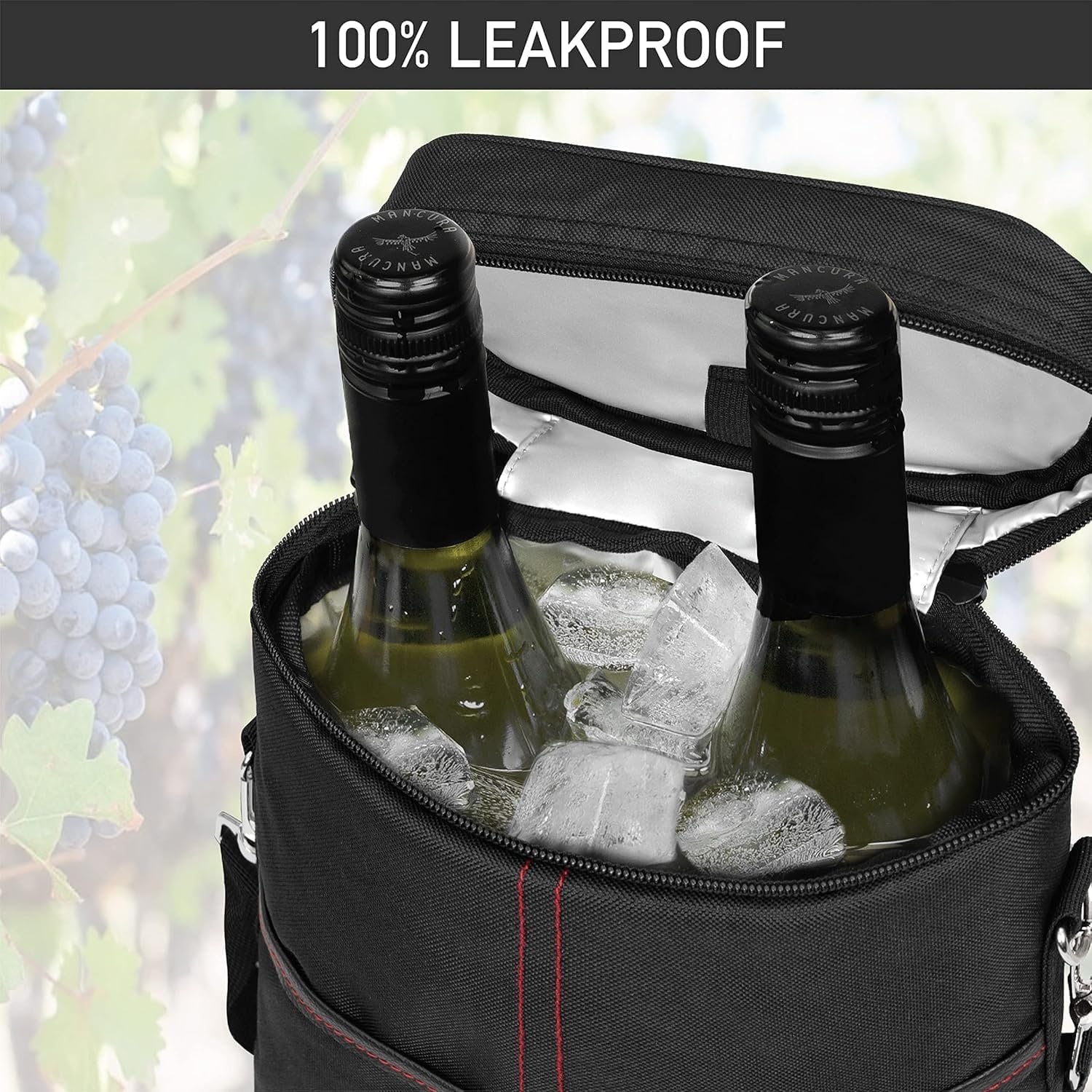 Insulated Wine Cooler Tote Bag Adjustable Strap 2 Bottles - Image 4