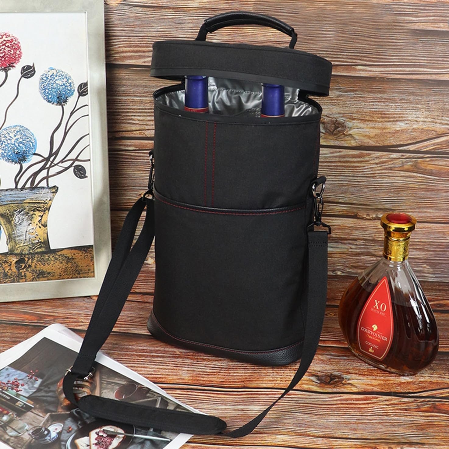 Insulated Wine Cooler Tote Bag Adjustable Strap 2 Bottles - Image 5
