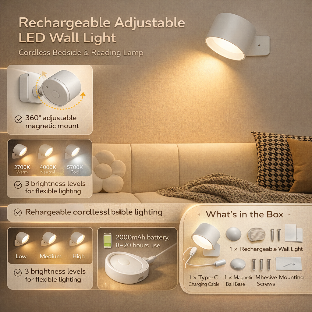 LED Wall Light Rechargeable Sconce Rotatable Wall-Mount - Image 4