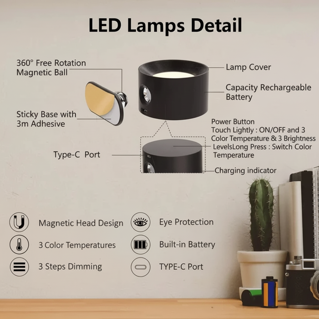 LED Wall Light Rechargeable Sconce Rotatable Wall-Mount - Image 8