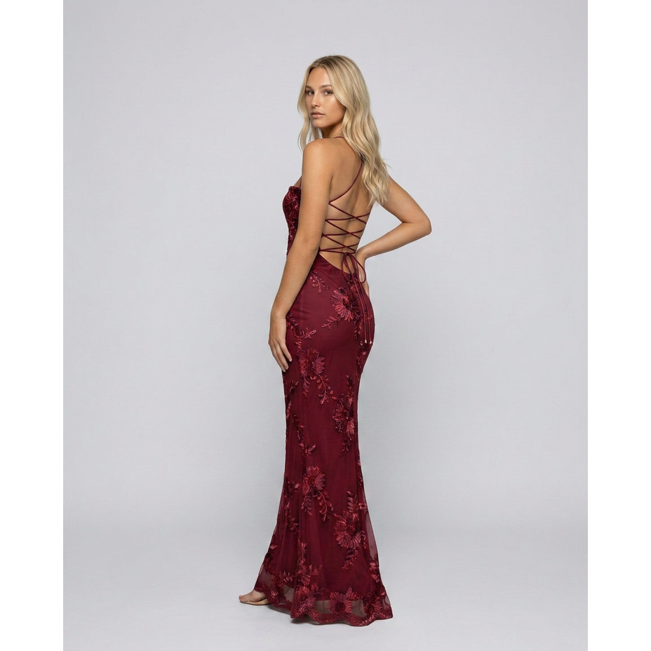 Maxi Dress Floral Appliqué and Lace-Up Back - Image 15