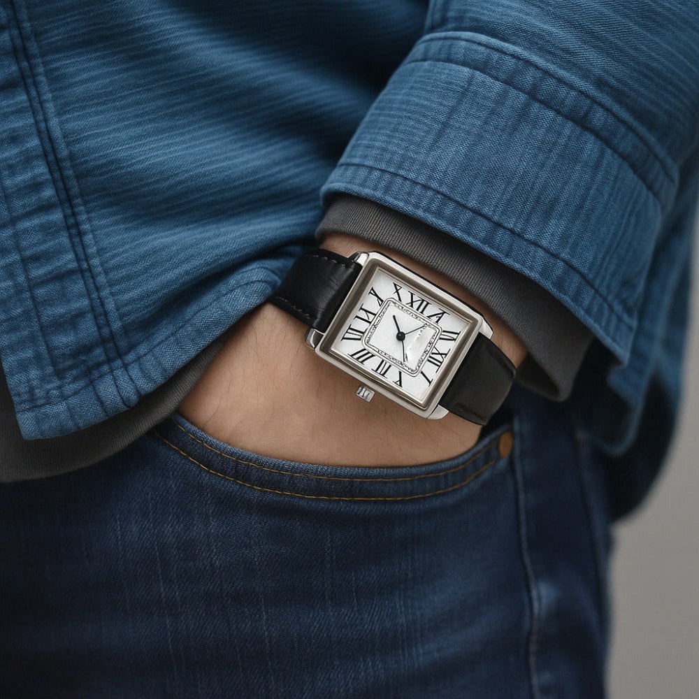 Men's Dress Watch Leather Strap Square Classic Design - Image 1