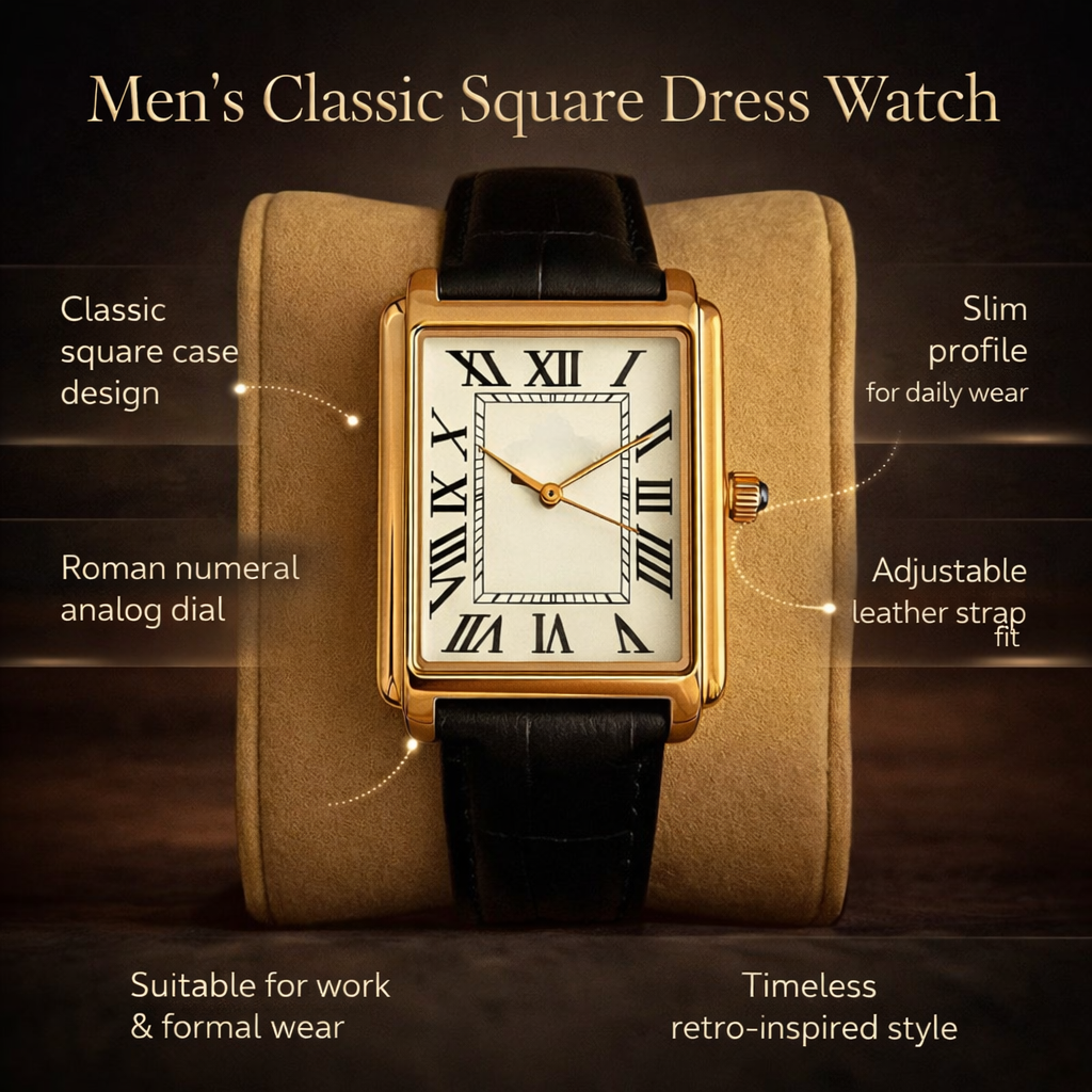 Men's Dress Watch Leather Strap Square Classic Design - Image 4