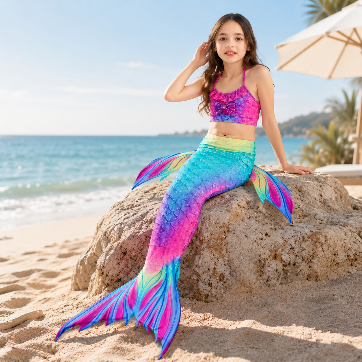 Mermaid Costume Swimsuit Girls Set Ruffle Shell Tail - Image 1
