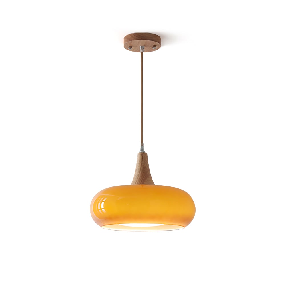 Pendant Light Wood Accent Modern Yellow Glass - Image 1