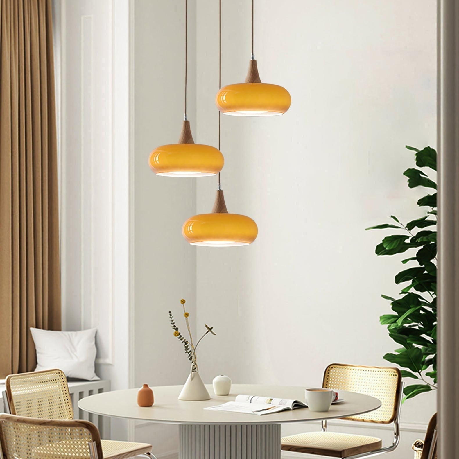 Pendant Light Wood Accent Modern Yellow Glass - Image 6