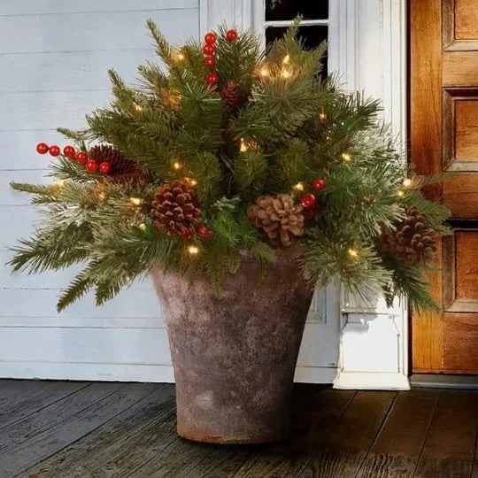Pre-Lit LED Evergreen Holiday Urn Filler Festive Decor - Image 1