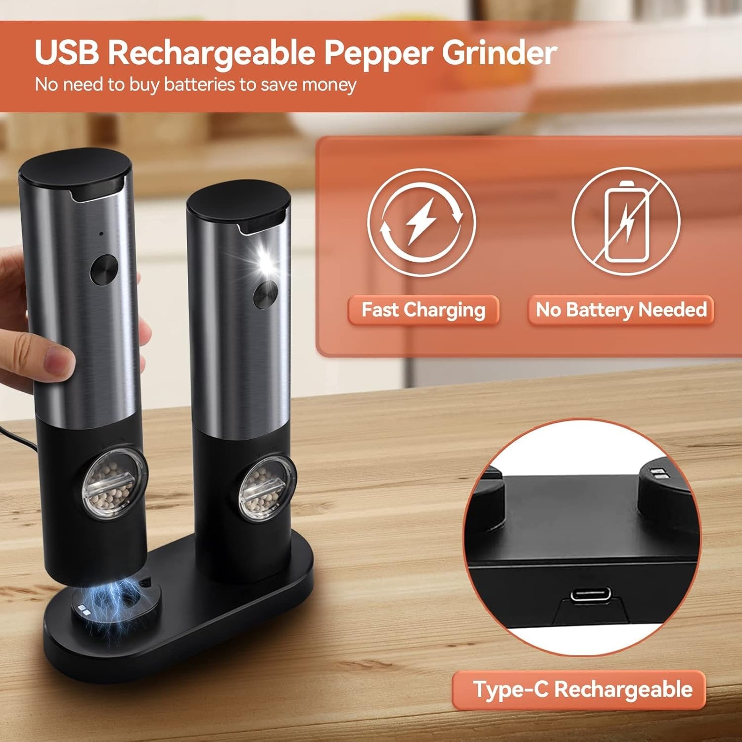 Rechargeable Electric Salt and Pepper Mill Set USB Charging - Image 3