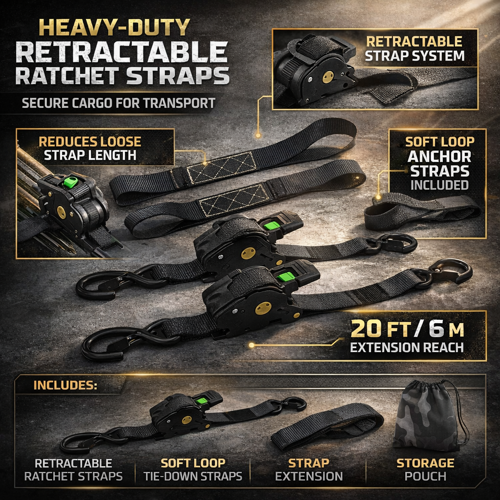 Retractable Ratchet Straps Heavy Duty Tie Down Set - Image 5