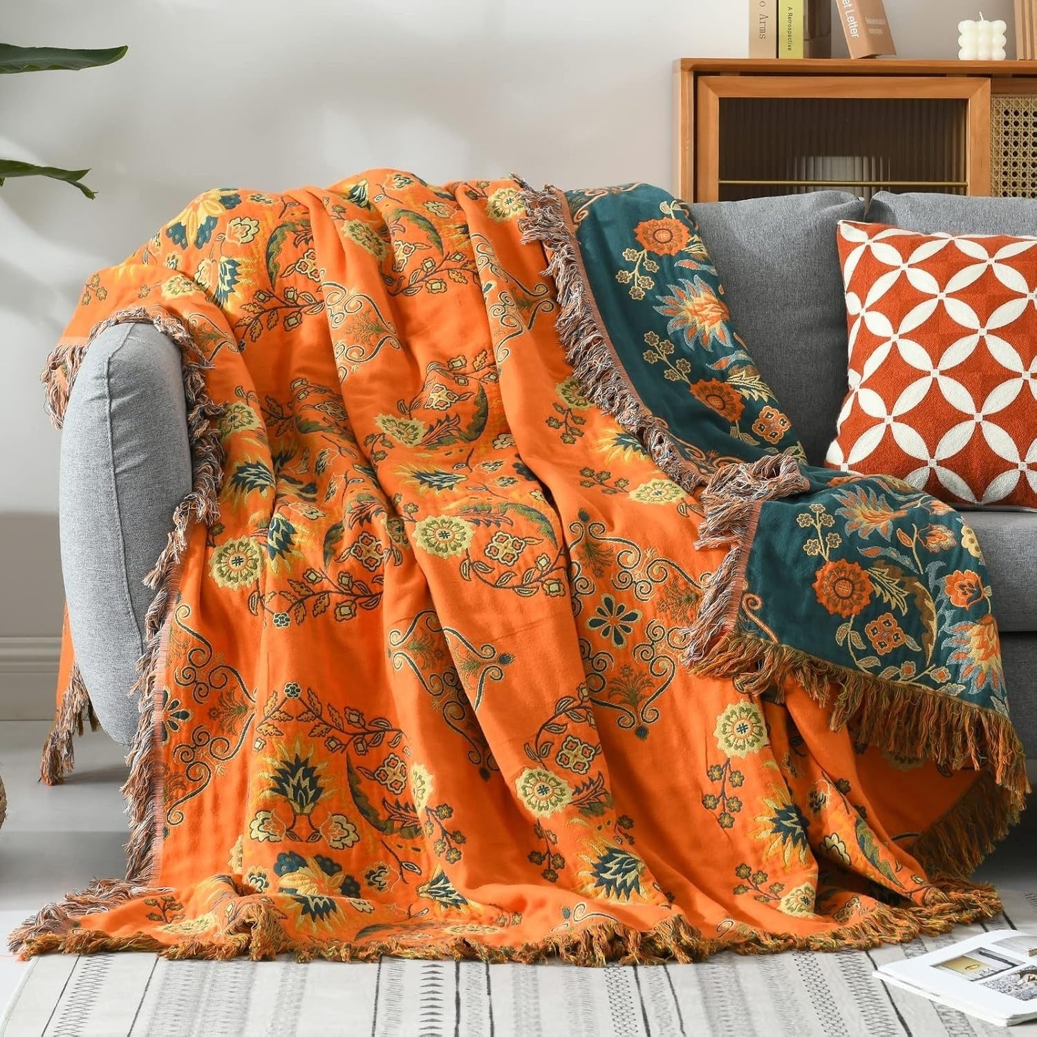 Reversible Cotton Throw Blanket Marigold Floral Design - Image 1