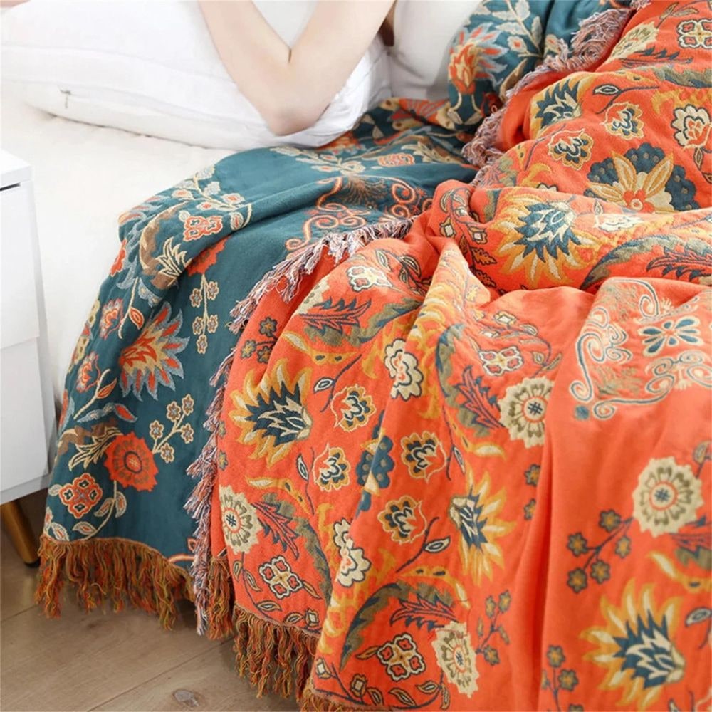 Reversible Cotton Throw Blanket Marigold Floral Design - Image 2