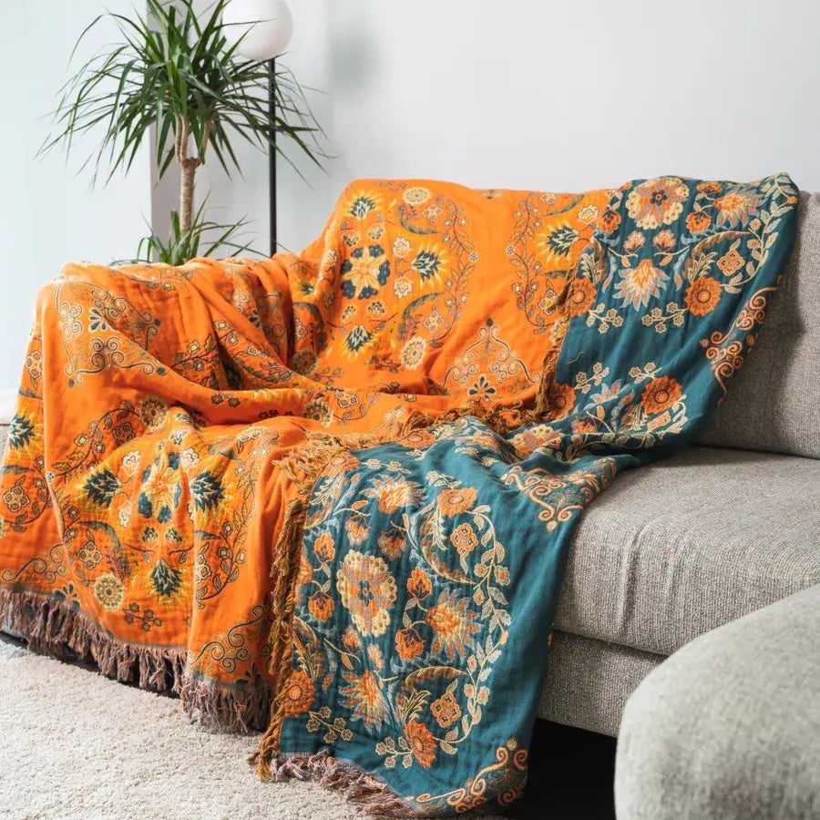 Reversible Cotton Throw Blanket Marigold Floral Design - Image 3