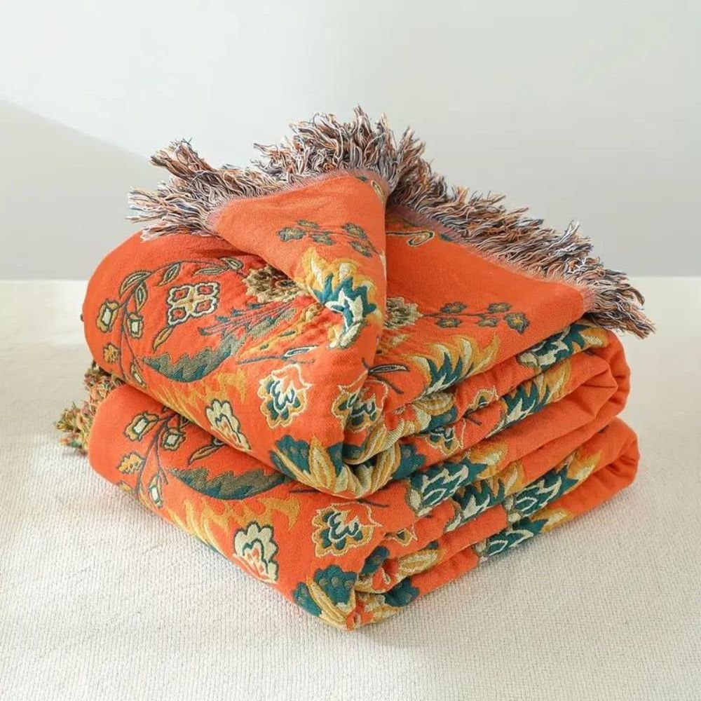 Reversible Cotton Throw Blanket Marigold Floral Design - Image 5
