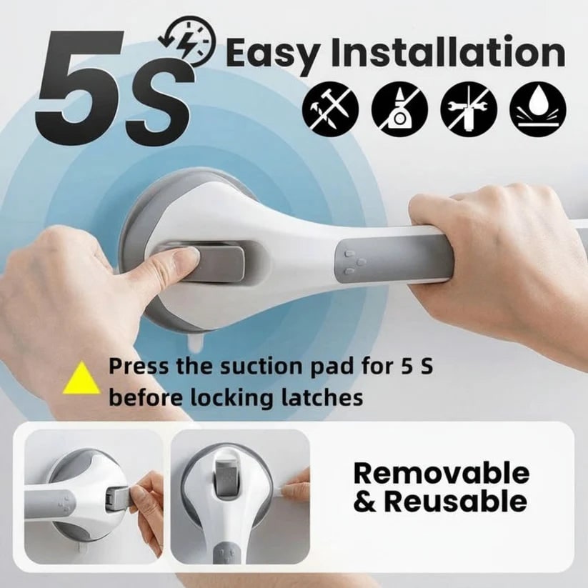 Shower Grab Bar Bathroom Safety Suction Cup Handle Easy Install - Image 3