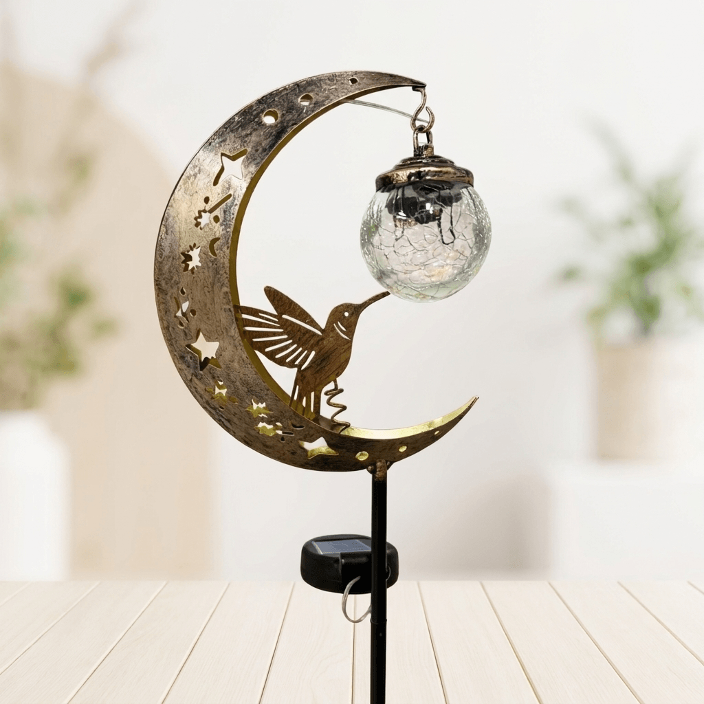 Solar Garden Stake Light Hummingbird and Moon Design - Image 1