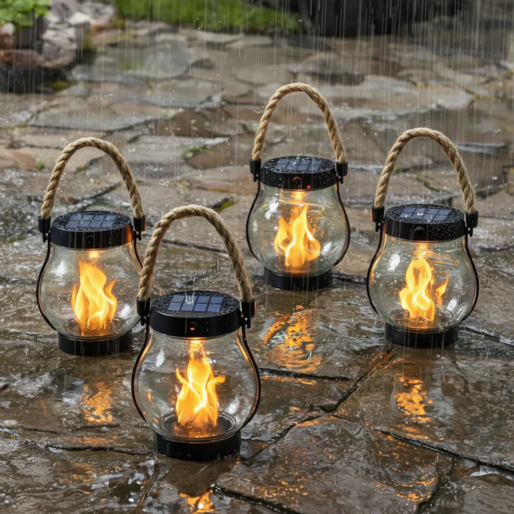 Solar Powered Outdoor Lantern Portable Design Flickering Flame - Image 1