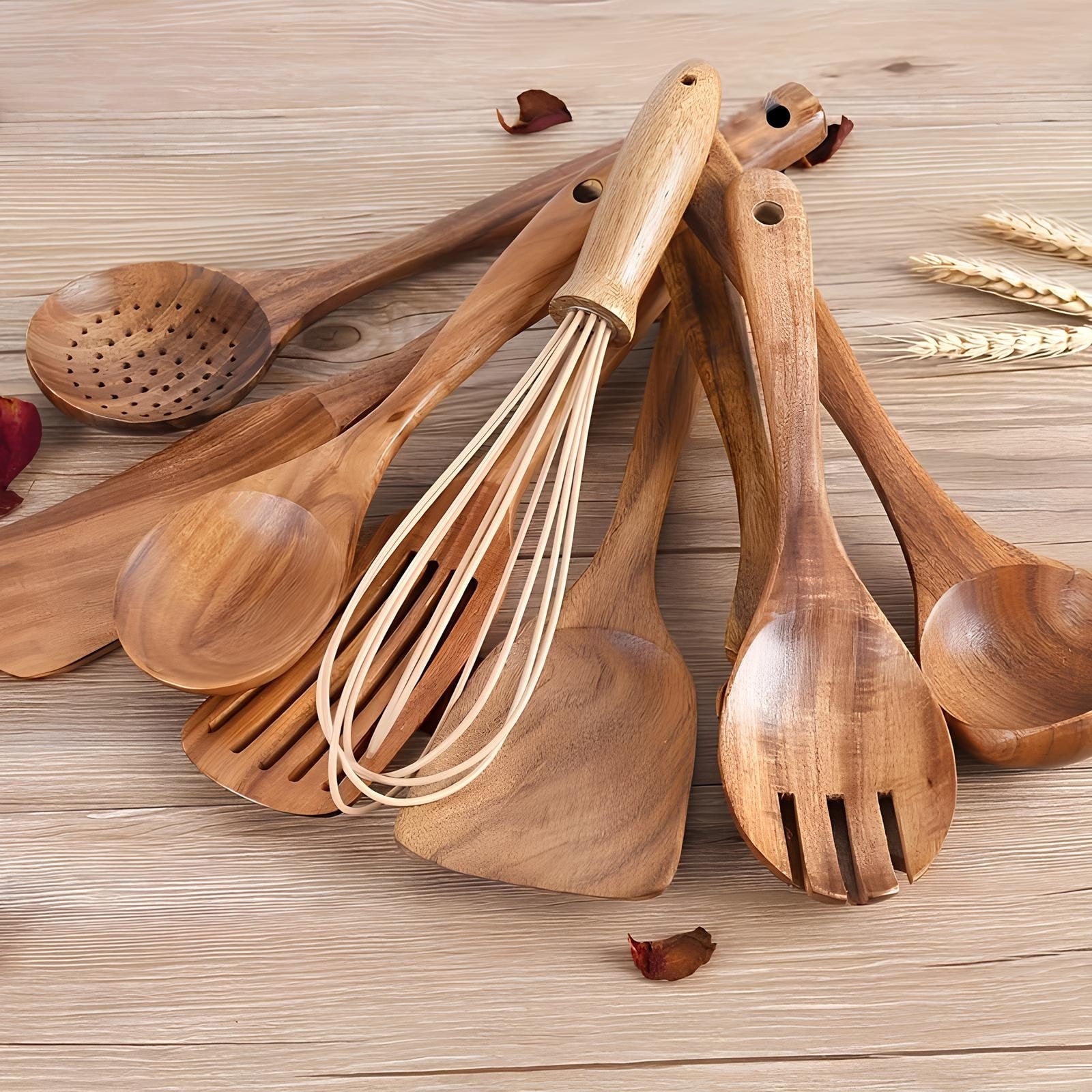 Teak Kitchen Utensil Set Holder 11-Piece Natural Wood Tools - Image 3