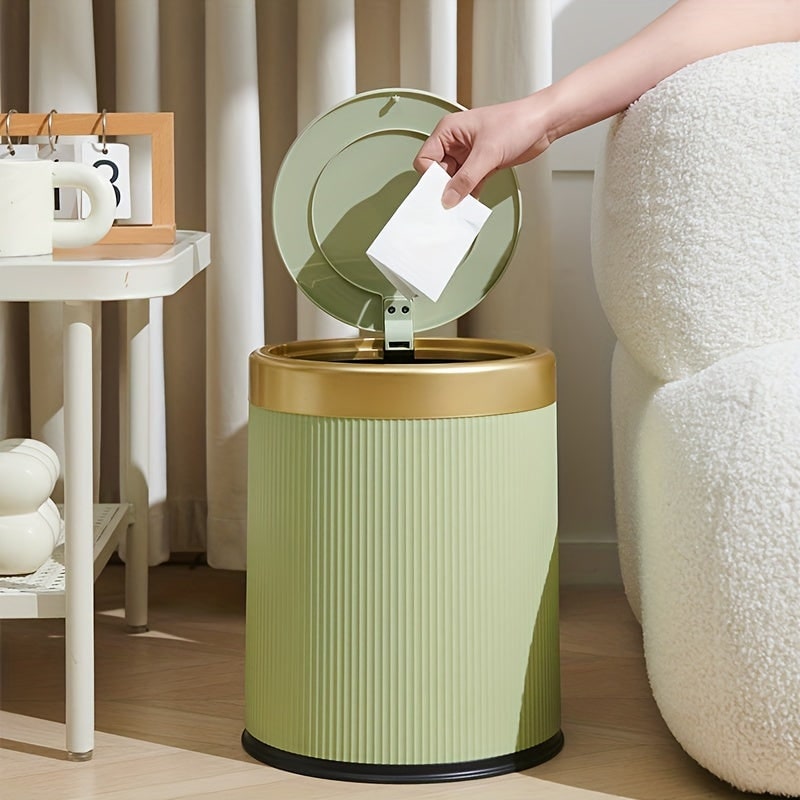 Trash Can Round Design Press Drop Lid Waste Bin - Image 1
