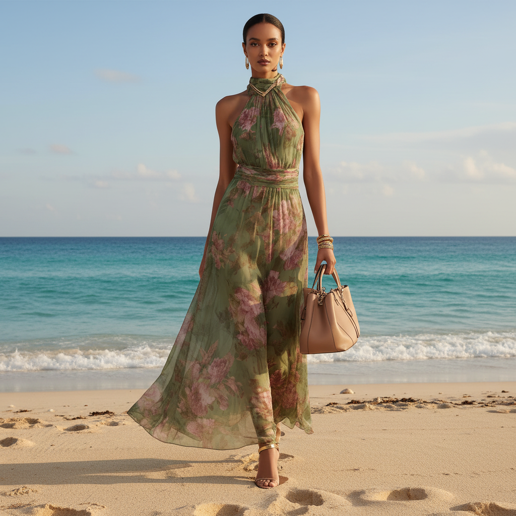 Women's Halter Neck Floral Dress Flowy Summer | Casual Dress - Image 1