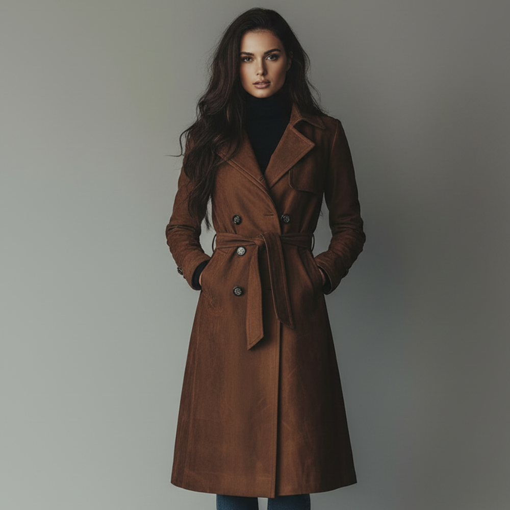 Women's Suede Trench Coat Long Classic Fit Belted Waist Fall Outerwear - Image 1