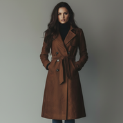 Women's Suede Trench Coat Long Classic Fit Belted Waist Fall Outerwear - Image 1