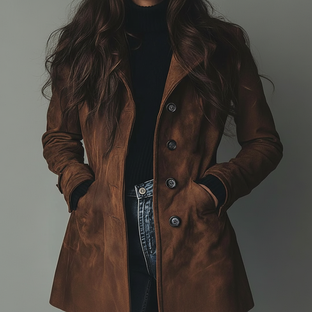 Women's Suede Trench Coat Long Classic Fit Belted Waist Fall Outerwear - Image 2