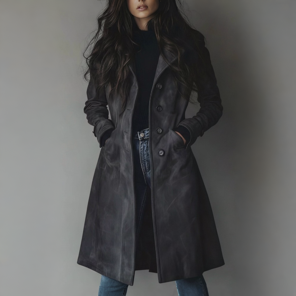 Women's Suede Trench Coat Long Classic Fit Belted Waist Fall Outerwear - Image 4