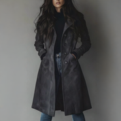 Women's Suede Trench Coat Long Classic Fit Belted Waist Fall Outerwear - Image 4