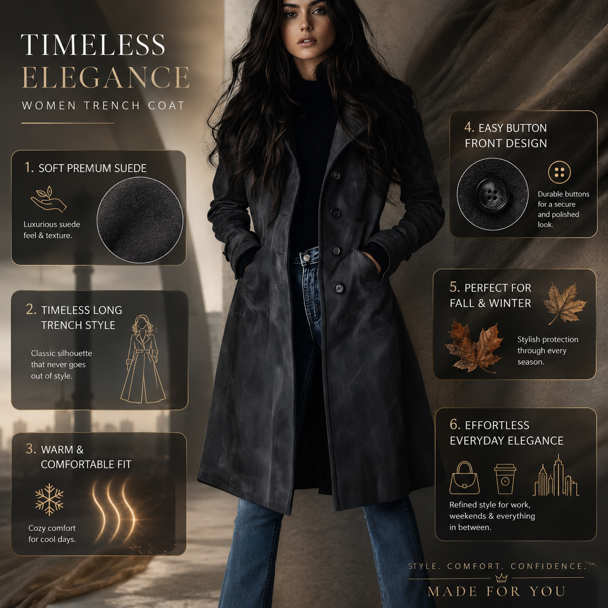 Women's Suede Trench Coat Long Classic Fit Belted Waist Fall Outerwear - Image 5