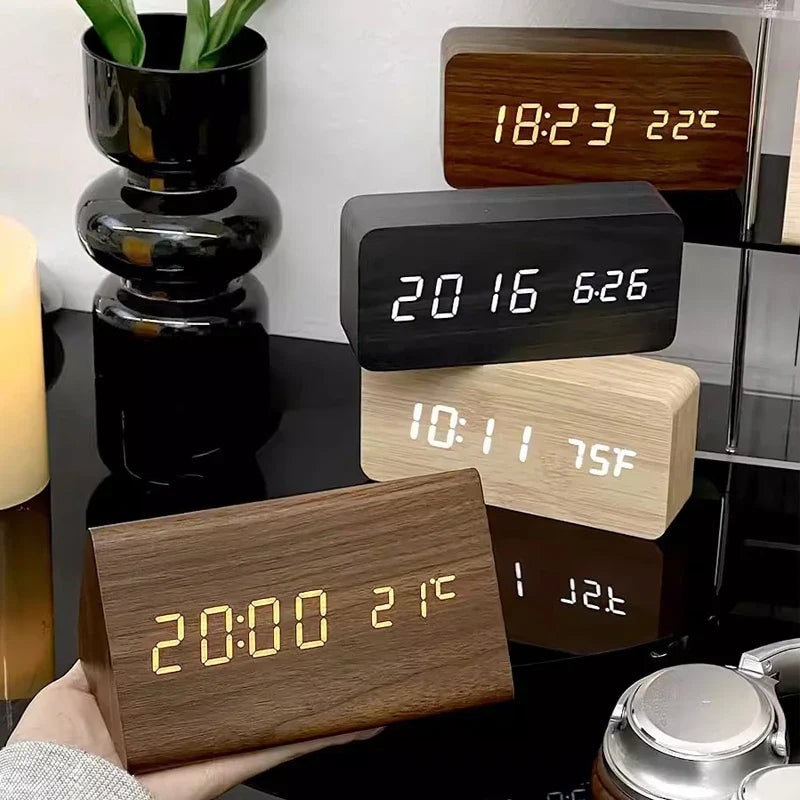 Wood Alarm Clock LED Display and Voice Control Functionality - Image 1