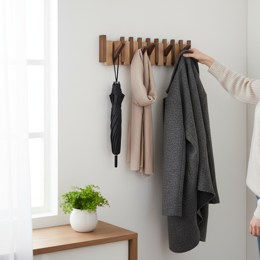 Wood Wall Hook Rack Coats and Scarves Modern Home Organizer - Image 1